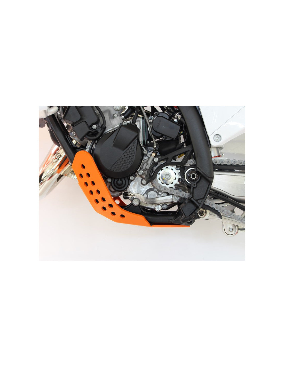 Left side of the orange HDPE plastic skid plate for KTM 125SX and 150EXC