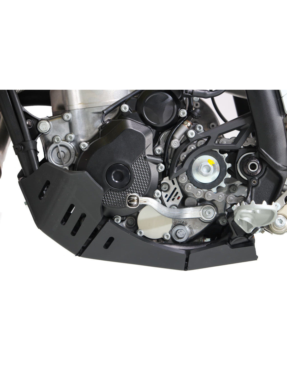Left side of the black HDPE plastic skid plate for KTM 250EXCF and 350EXCF