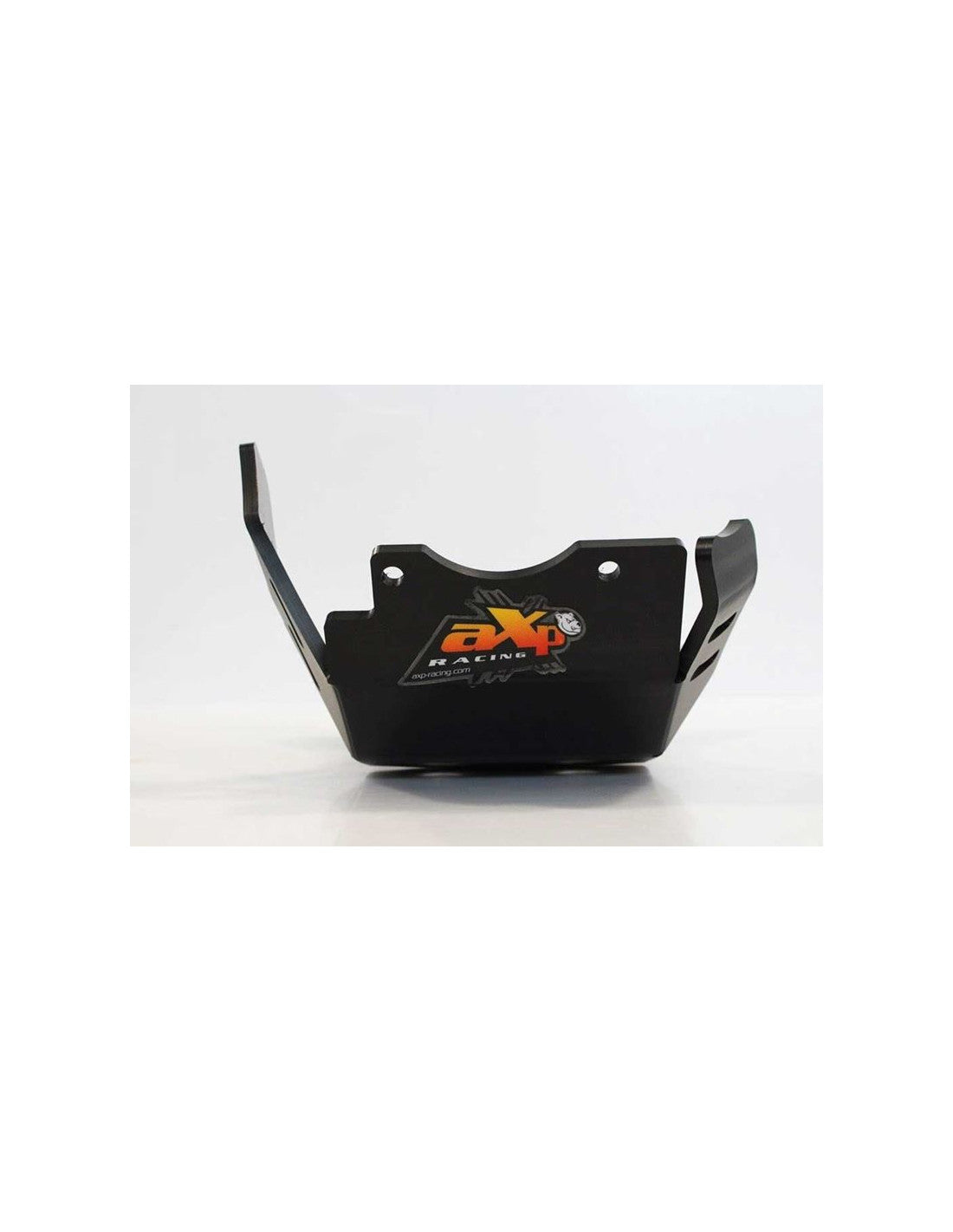 Front view of the black HDPE plastic skid plate with linkage guard for Sherco 125SER