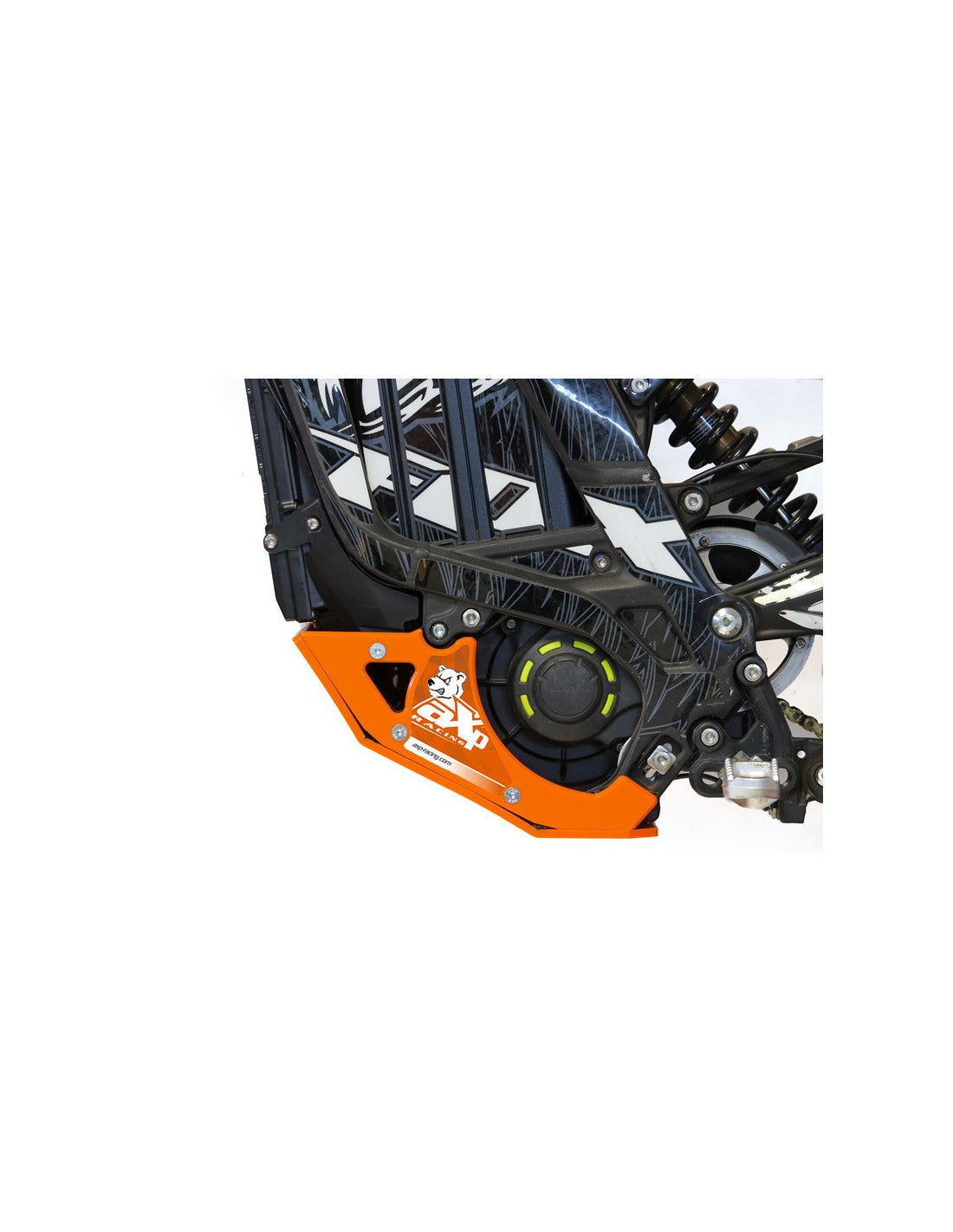 Left side of the orange HDPE plastic skid plate for Surron Lightbee