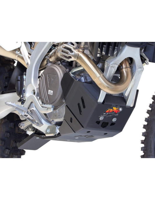 Right side of the black HDPE plastic skid plate with linkage guard for Triumph TF450-RC and TF450-E