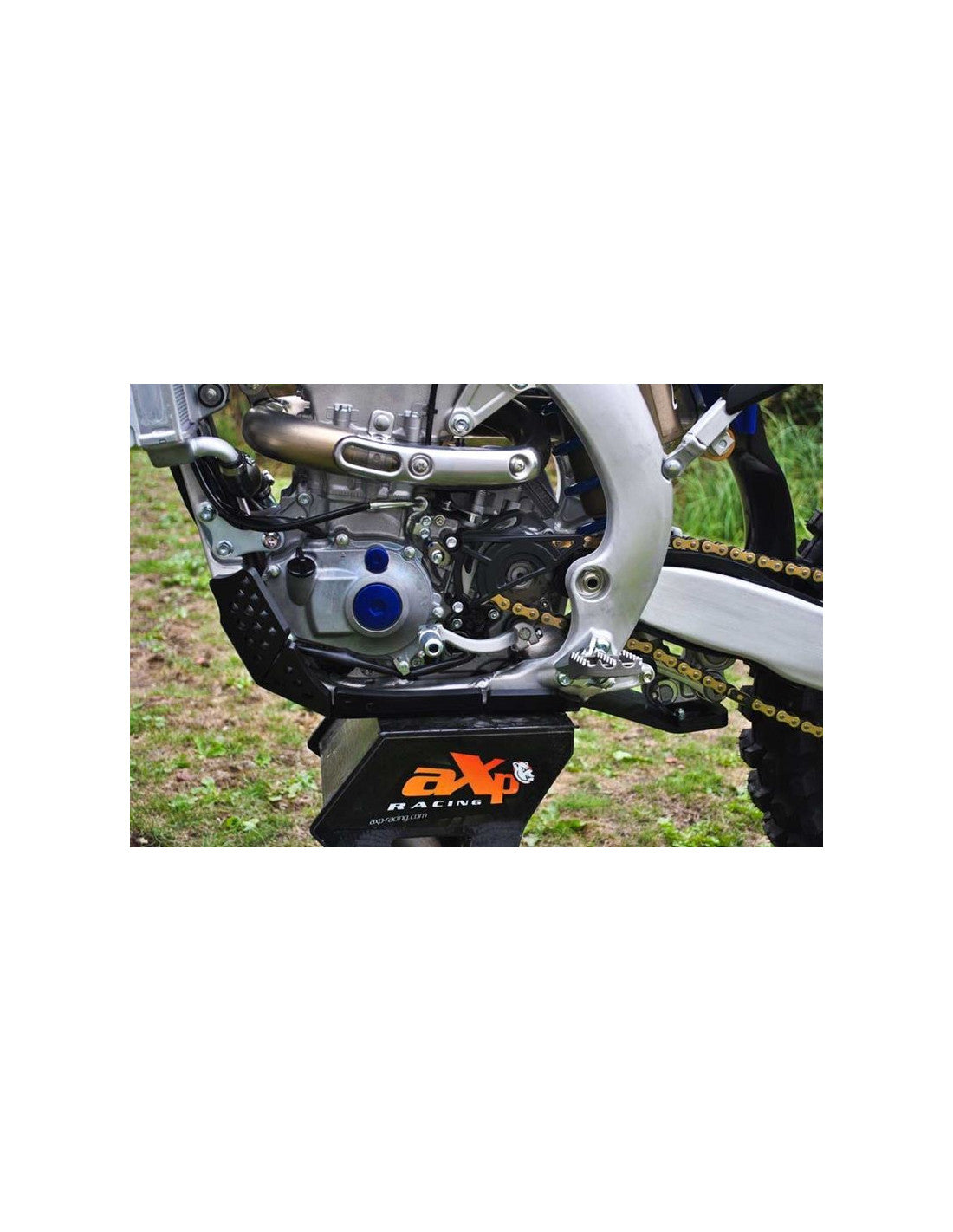 Left side of the black HDPE plastic skid plate with linkage guard for Yamaha - Fantic