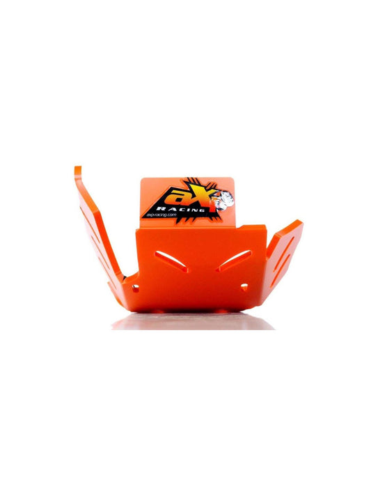 Vue frontale du sabot orange en plastique PEHD avec protection de biellette pour KTM 250 - 300 2T