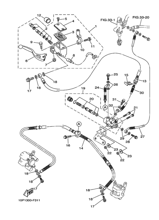Yamaha 10P-F581J-00 Hose, Brake 4 — shown on the Front Master Cylinder parts diagram