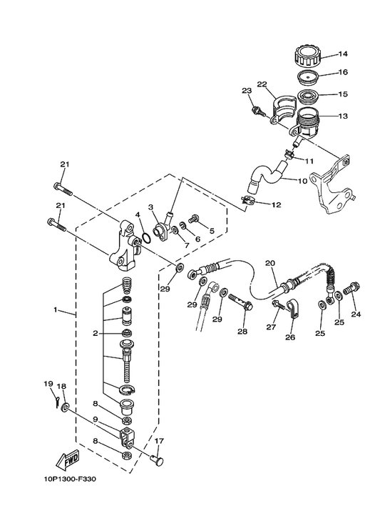 Yamaha 5YT-25876-10 Holder, Brake Hose 2 — shown on the Rear Master Cylinder parts diagram