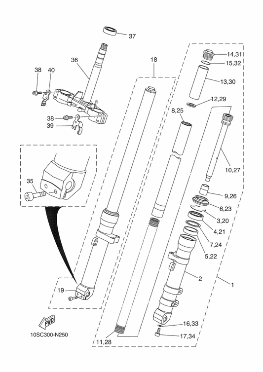 Yamaha 1D2-23102-30 Front Fork Assy (L.H) — shown on the Front Fork parts diagram