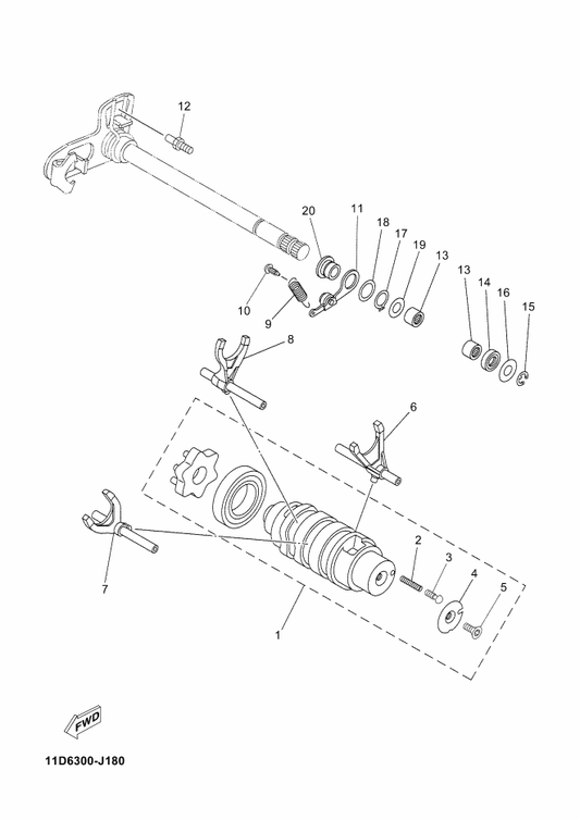 Yamaha 5VK-E8501-00 Fork, Shift 1 — shown on the Shift Cam & Fork parts diagram
