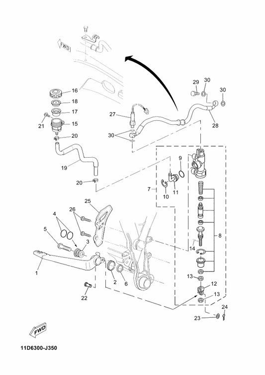 Yamaha 11D-F5873-00 Hose, Brake 2 — shown on the Rear Master Cylinder parts diagram