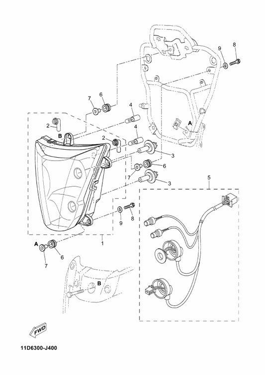 Yamaha 5YK-H4347-00 Bulb (12V-3W) — shown on the Headlight parts diagram