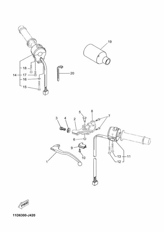 Yamaha 11D-H3912-00 Lever 1 — shown on the Handle Switch & Lever parts diagram