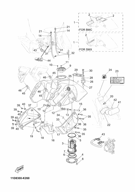 Yamaha 5BR-F1335-00 Clamp, Wire Harness 1 — shown on the Fuel Tank parts diagram