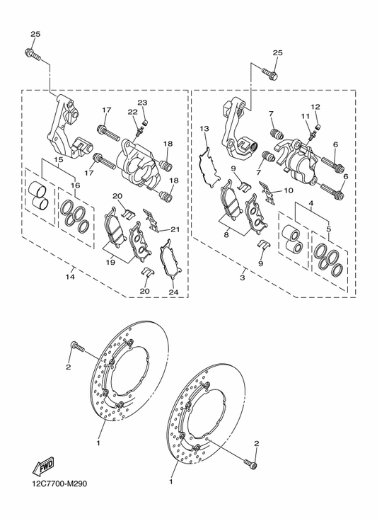 Yamaha 47X-25824-01 . Screw, Bleed — shown on the Front Brake Caliper parts diagram