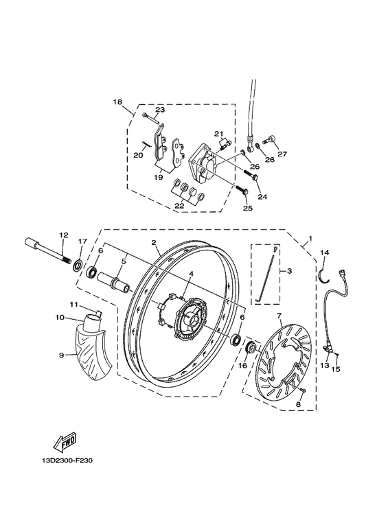 Yamaha 13D-F5411-00 . Bolt — shown on the Front Wheel & Brake System parts diagram