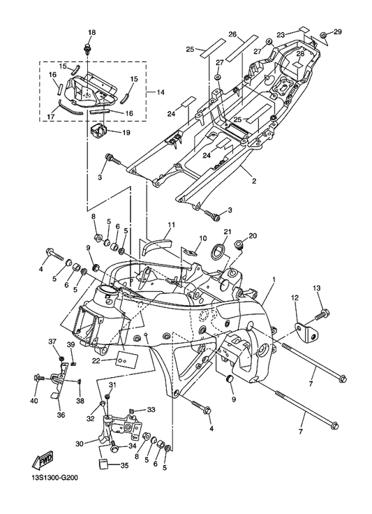 Yamaha 13S-21435-00 Bracket, Muffler 1 — shown on the Frame parts diagram