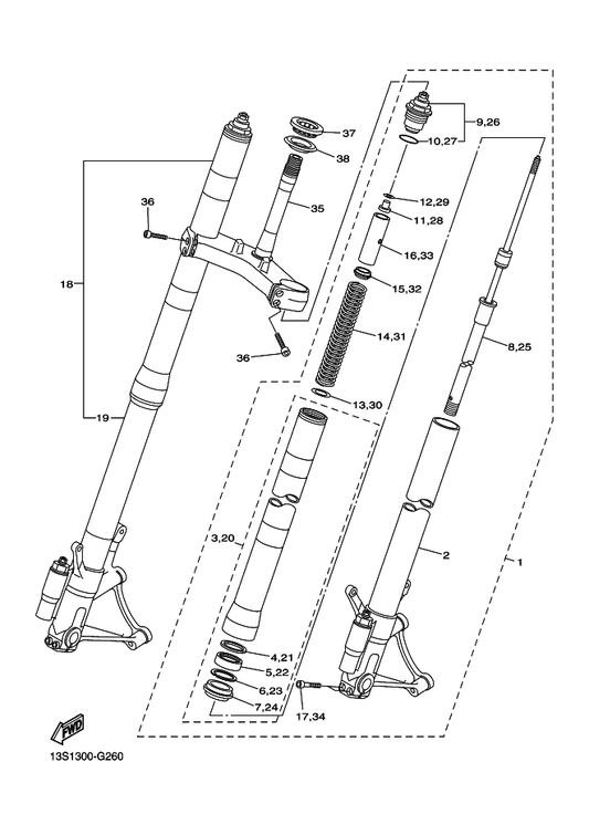Yamaha 13S-23102-12 Front Fork Assy (L.H) — shown on the Front Fork parts diagram