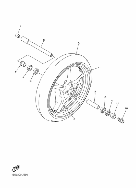 Yamaha 5SL-25168-00-P4 Cast Wheel, Front — shown on the Front Wheel parts diagram