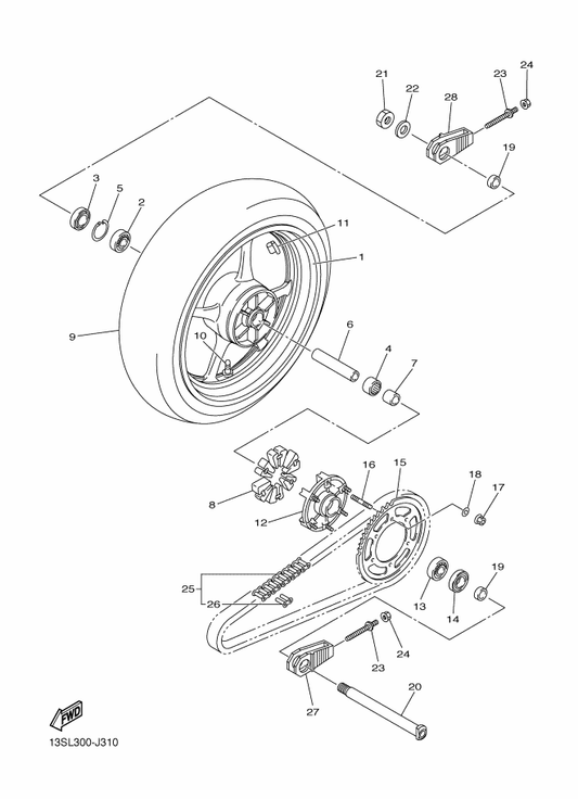 Yamaha 5SL-25338-00-8L Cast Wheel, Rear — shown on the Rear Wheel parts diagram