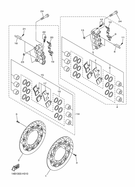 Yamaha 4C8-25919-00 . Support, Pad — shown on the Front Brake Caliper parts diagram