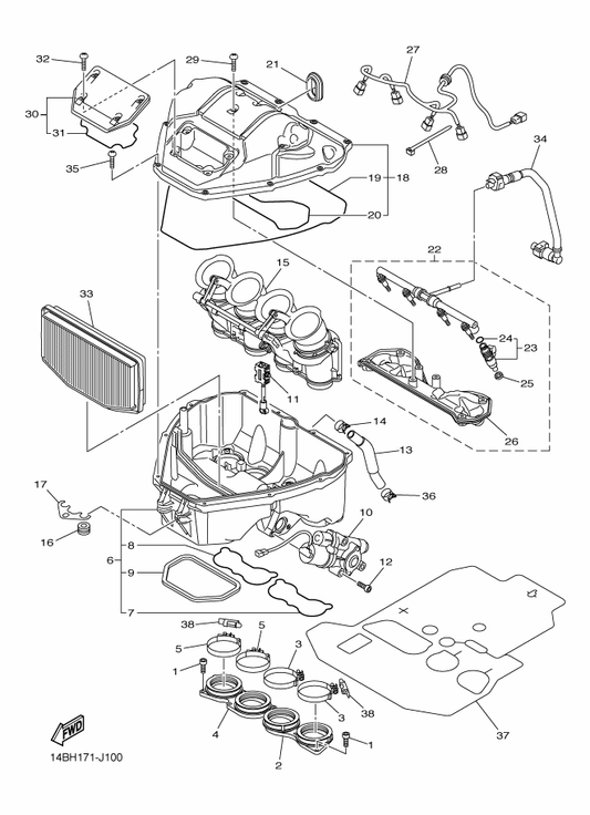 Yamaha 14B-13761-10 . Injector — shown on the Intake parts diagram