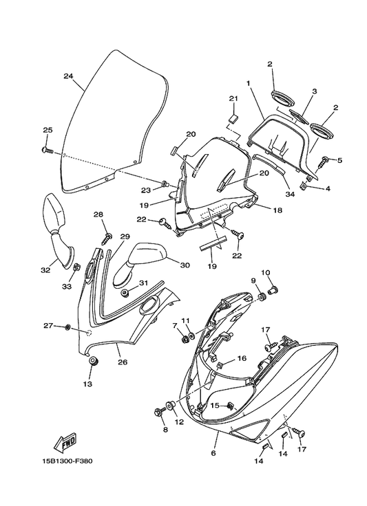 Yamaha 15B-26280-00 Rear View Mirror Assy (Left) — shown on the Windshield parts diagram