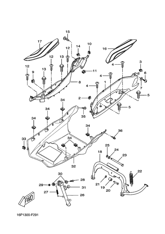 Yamaha 90201-10X11 Washer, Plate — shown on the Stand & Footrest parts diagram