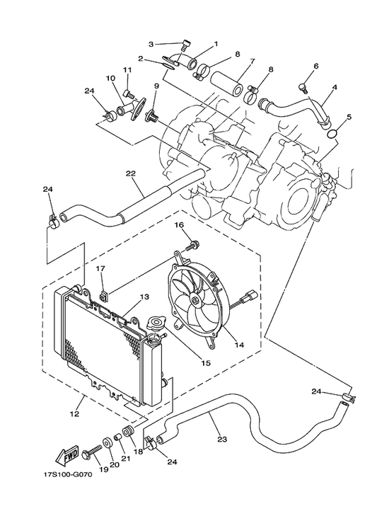Yamaha 5ND-E2483-02 Pipe 3 — shown on the Radiator & Hose parts diagram