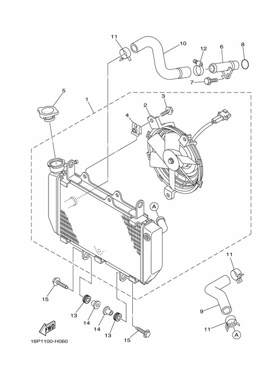 Yamaha 18P-12576-00 Hose 1 — shown on the Radiator & Hose parts diagram