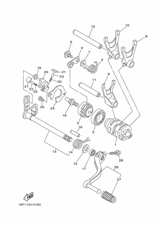 Yamaha 5BE-18172-00 Guide, Shift — shown on the Shift Cam & Fork parts diagram