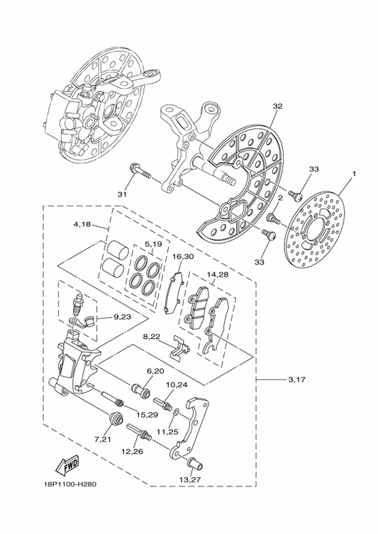 Yamaha 5TG-2580T-12 Caliper Assy (Left) — shown on the Front Brake Caliper parts diagram