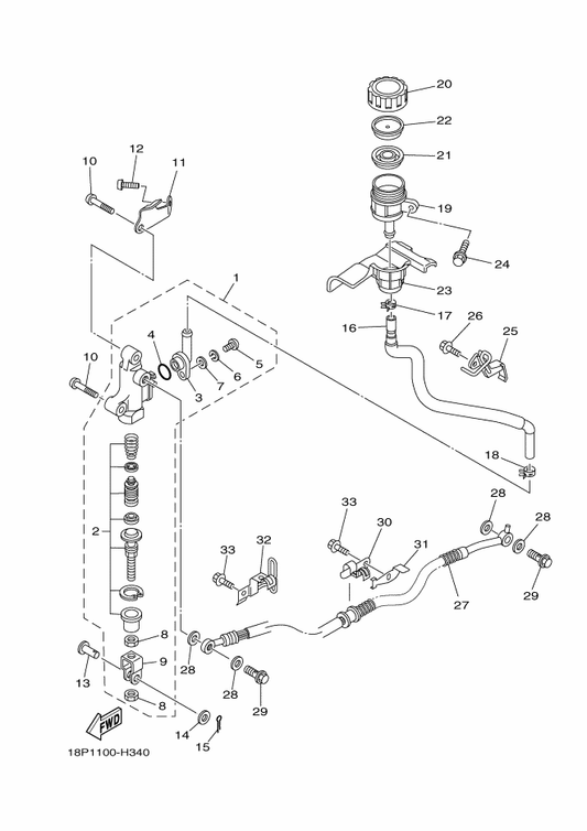 Yamaha 18P-25897-00 Damper — shown on the Rear Master Cylinder parts diagram