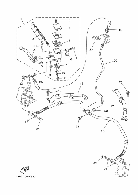 Yamaha 18P-25871-10 Pipe, Brake — shown on the Front Master Cylinder parts diagram