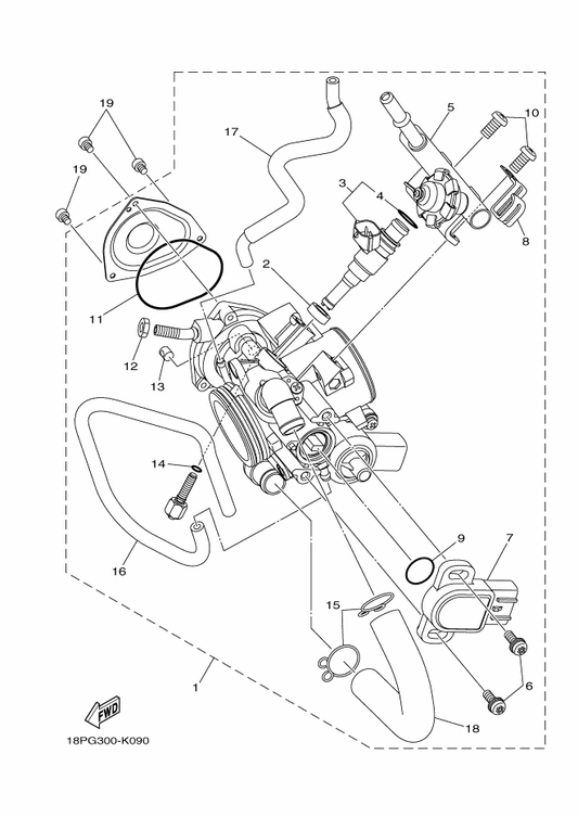 Yamaha 18P-13545-00 . Hose — shown on the Throttle Body Assy 1 parts diagram