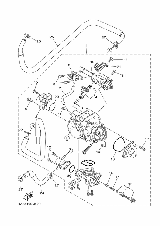 Yamaha 1PE-E243E-00 Hose 2 — shown on the Throttle Body Assy 1 parts diagram