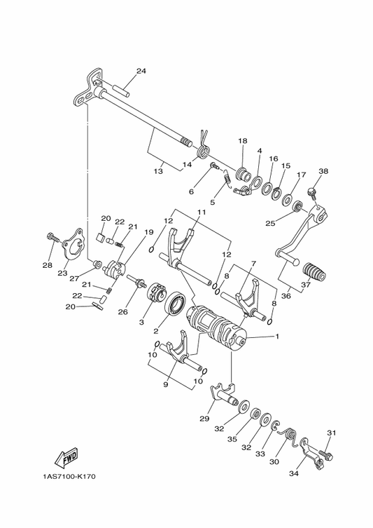 Yamaha 1S3-18502-00 Fork, Shift 2 — shown on the Shift Cam & Fork parts diagram