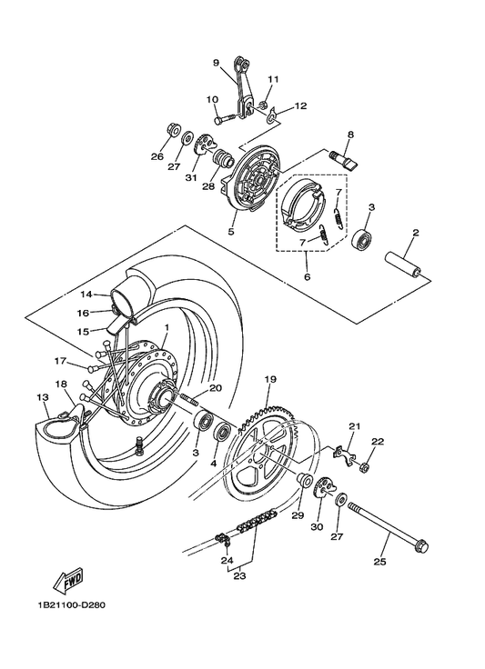 Yamaha 1B2-F5311-00 Hub, Rear — shown on the Rear Wheel parts diagram