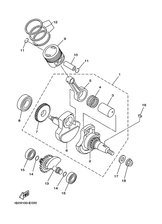 Yamaha 1B2-E1631-00-A0 Piston (Std) — shown on the Crankshaft & Piston parts diagram