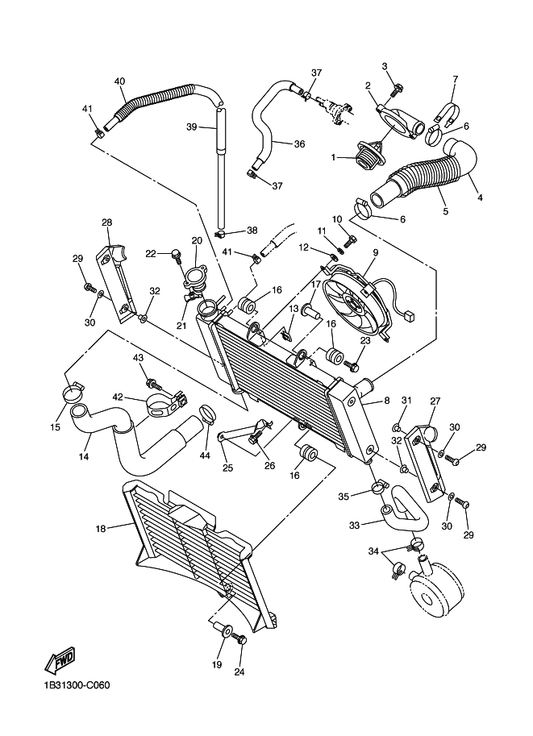 Yamaha 90467-110A0 Clip — shown on the Radiator & Hose parts diagram
