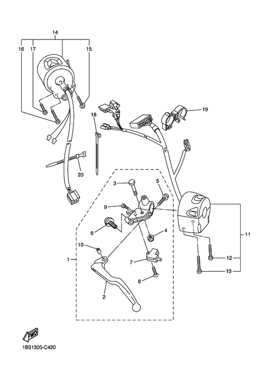 Yamaha 97607-05255 . Screw, With Washer — shown on the Handle Switch & Lever parts diagram