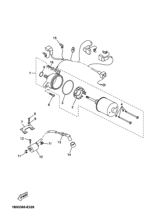 Yamaha 1B9-H1828-00 . Bolt 2 — shown on the Starting Motor parts diagram