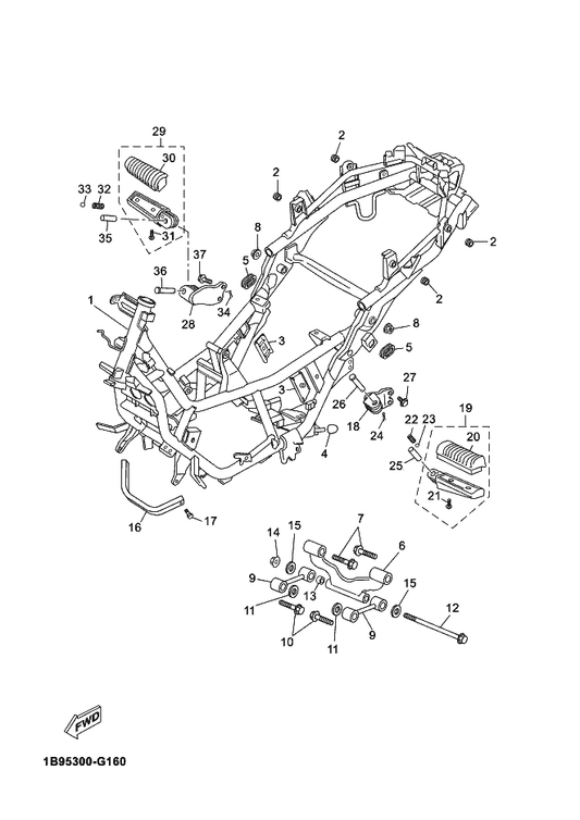 Yamaha 1B9-F7441-20 Footrest, Rear 2 — shown on the Frame parts diagram