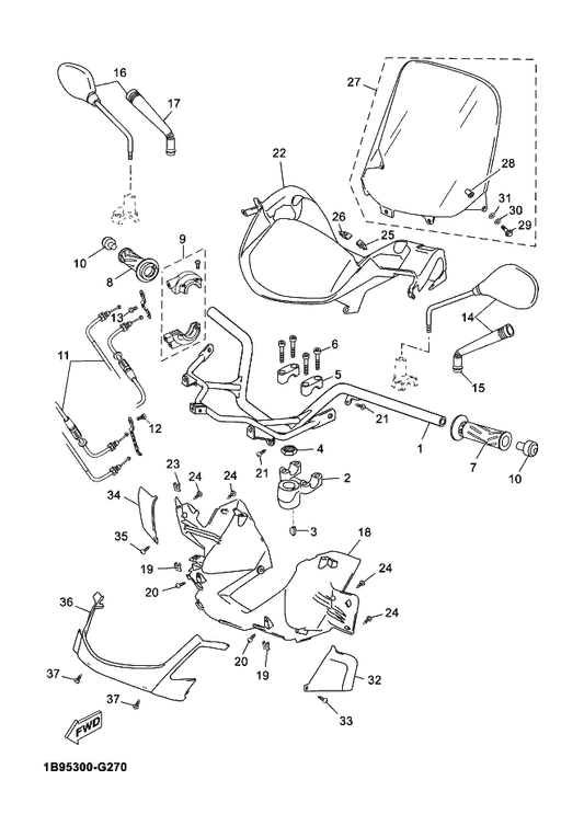 Yamaha 1C0-F6301-10 Throttle Cable Assy — shown on the Steering Handle & Cable parts diagram