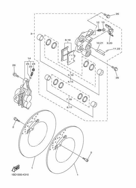Yamaha 39P-2580T-00 Caliper Assy (Left) — shown on the Front Brake Caliper parts diagram