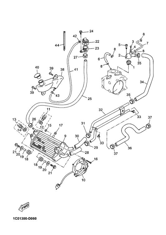 Yamaha 1C0-H2560-10 Thermo Switch Assy — shown on the Radiator & Hose parts diagram