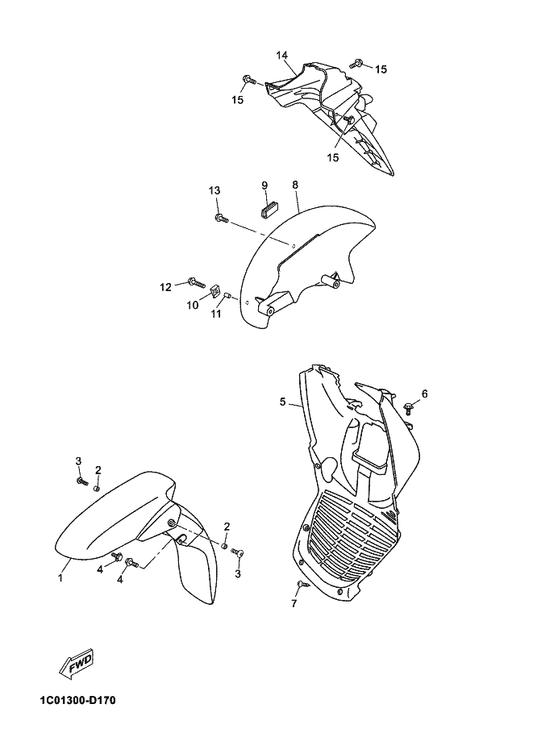Yamaha 1B9-F1511-00-P1 Fender, Front — shown on the Fender parts diagram