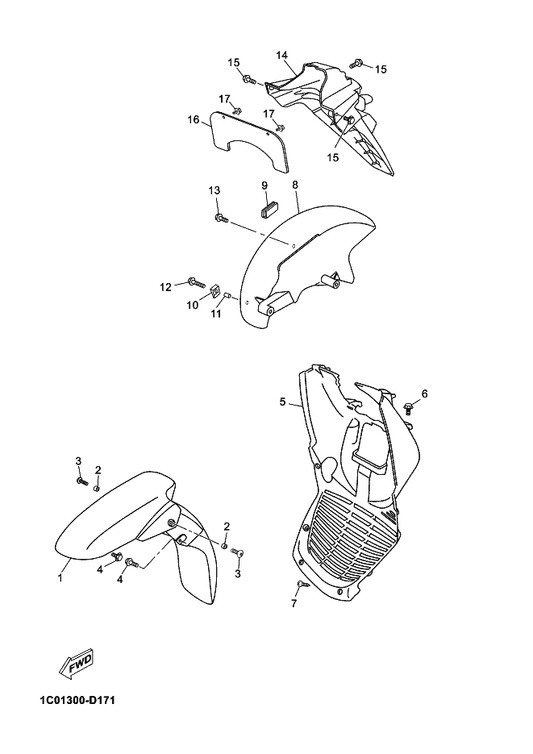 Yamaha 1B9-F1552-01 Fender, Inner — shown on the Fender parts diagram