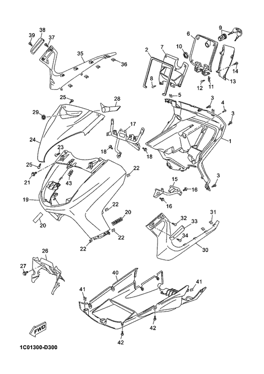 Yamaha 90167-03X00 . Screw, Tapping — shown on the Leg Shield parts diagram