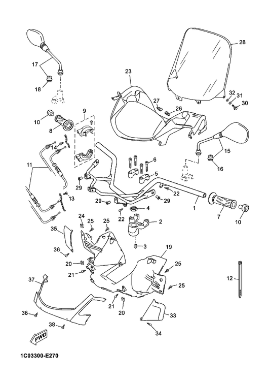 Yamaha 9131M-05012 Bolt — shown on the Steering Handle & Cable parts diagram