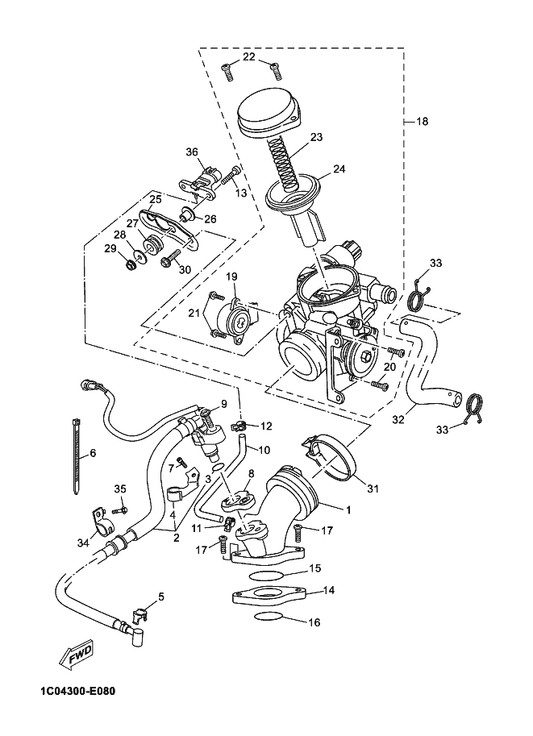 Yamaha 1C0-E3895-00 Hose, Air — shown on the Intake parts diagram
