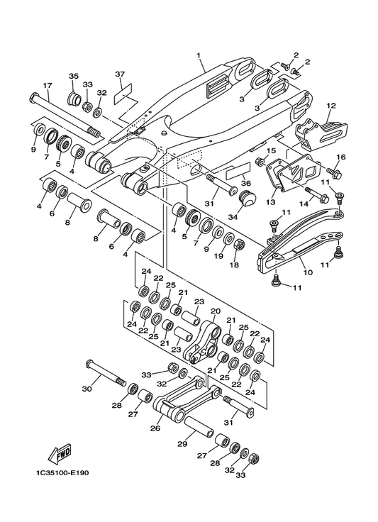 Yamaha 1C3-22199-10 Support, Chain — shown on the Rear Arm parts diagram