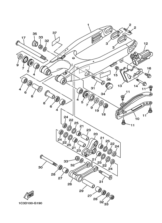 Yamaha 1C3-22355-00 Patch — shown on the Rear Arm parts diagram